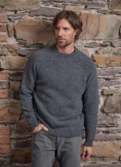 Aidan Wool Cashmere Tweed Crew in Charcoal